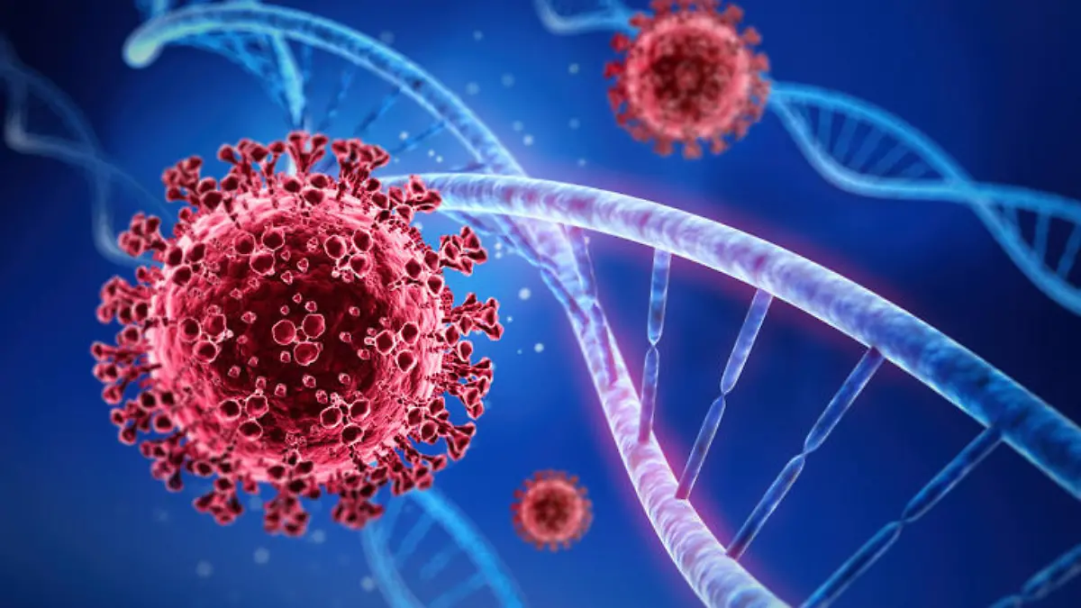 Red Virus and blue DNA strand - medical 3D illustration with dark blue background