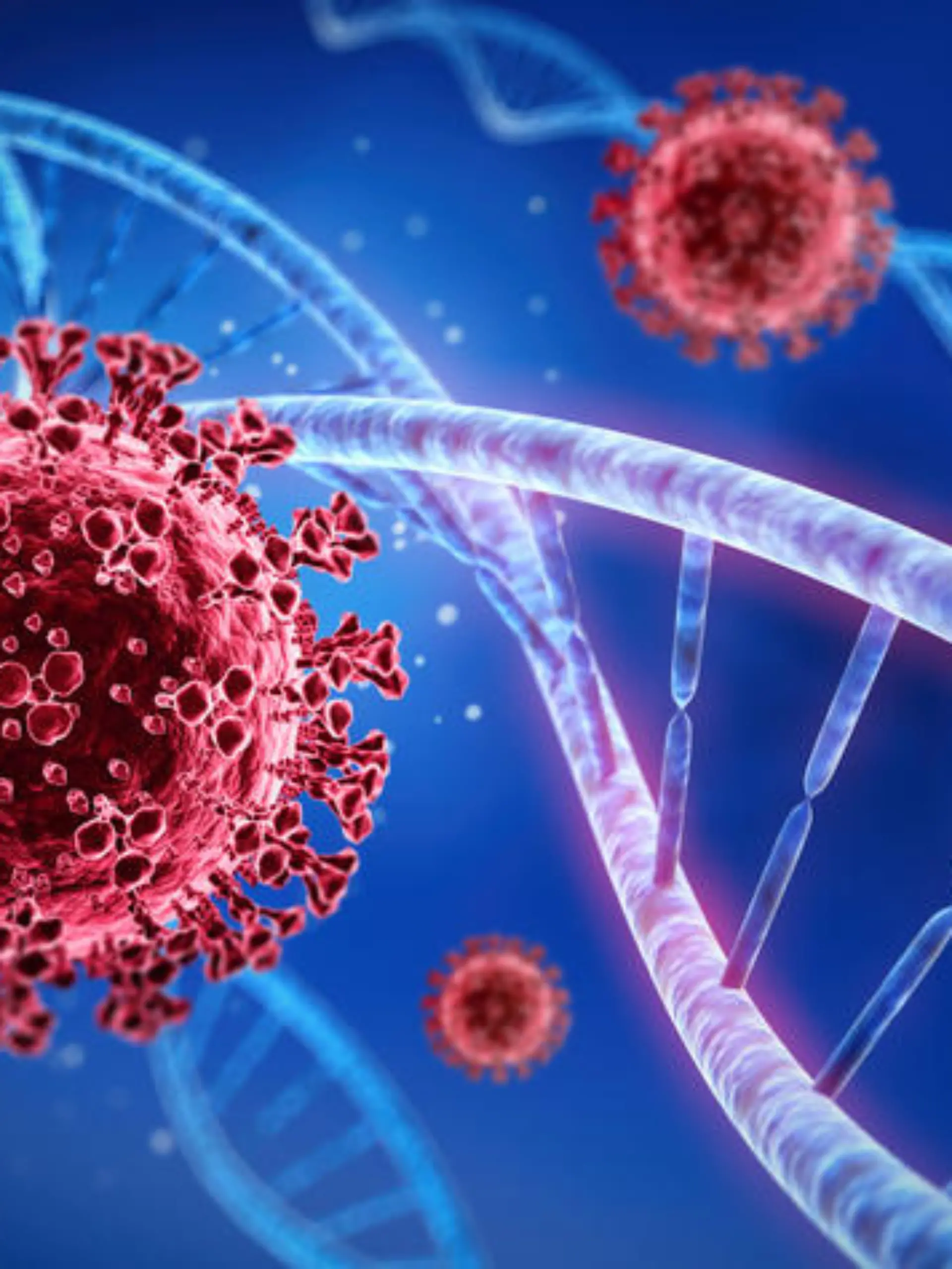 Red Virus and blue DNA strand - medical 3D illustration with dark blue background