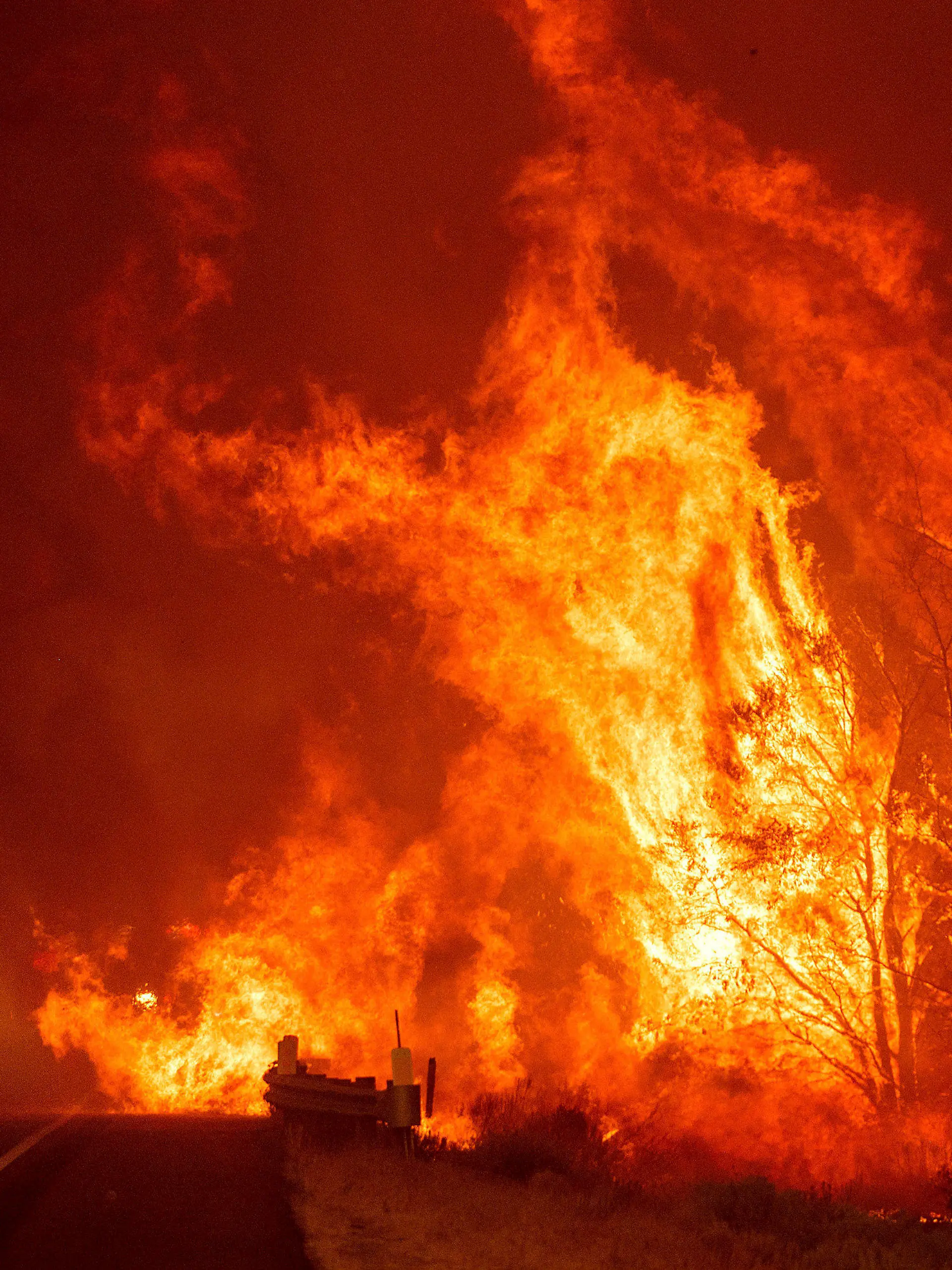 17.08.2021, USA, Lassen County: Das Dixie-Feuer brennt südlich von Janesville am Highway 395. Aufgrund der kritischen Wetterlage in Nordkalifornien droht die Ausbreitung mehrerer Waldbrände in der Region. Foto: Noah Berger/AP/dpa +++ dpa-Bildfunk +++
