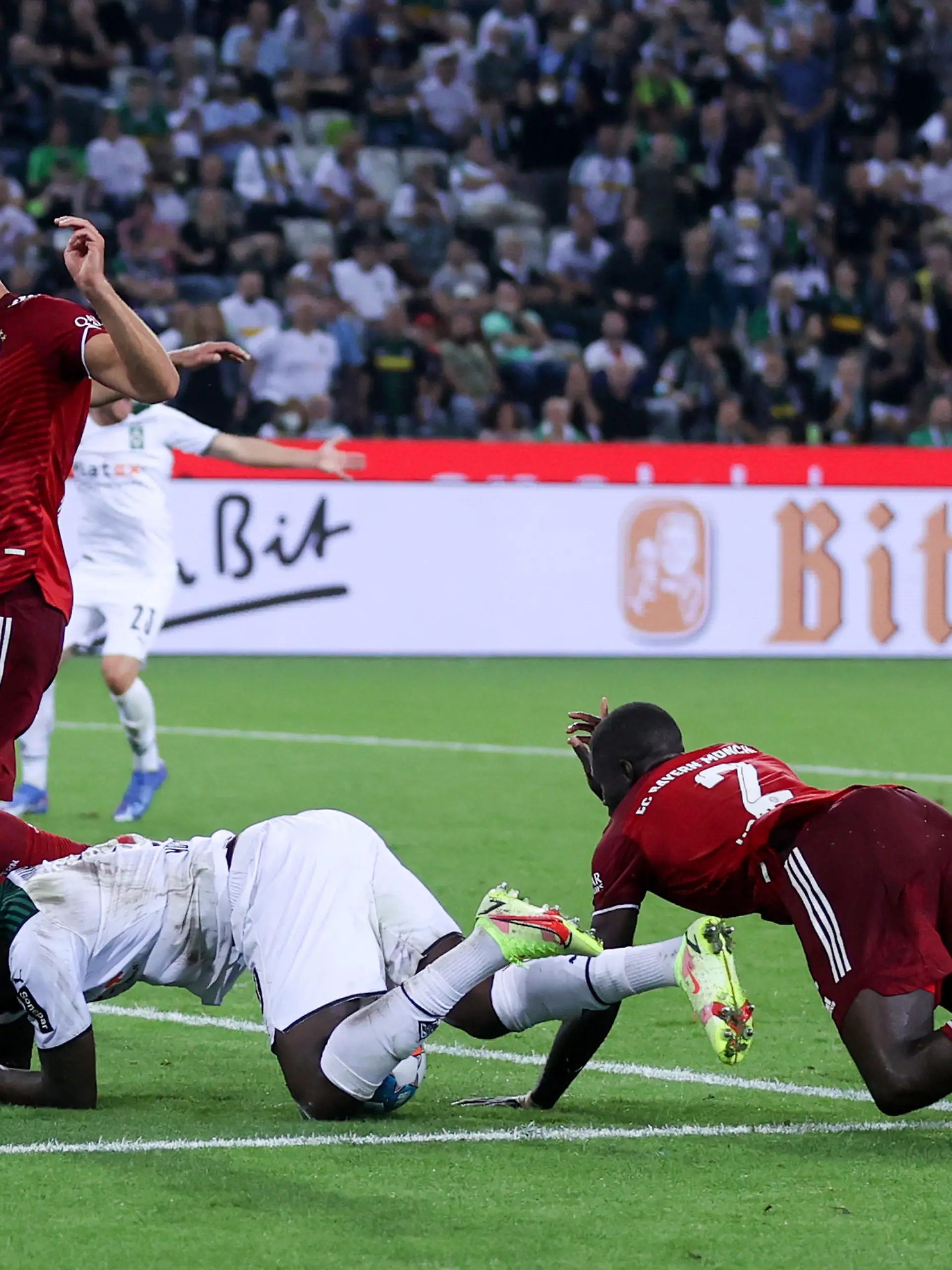 MOENCHENGLADBACH, GERMANY - AUGUST 13: Marcus Thuram of Borussia Monchengladbach is challenged by Dayot Upamecano of Bayern Munich during the Bundesliga match between Borussia Monchengladbach and FC Bayern Munchen at Borussia-Park on August 13, 2021 in Moenchengladbach, Germany. (Photo by Joosep Martinson/Getty Images,)