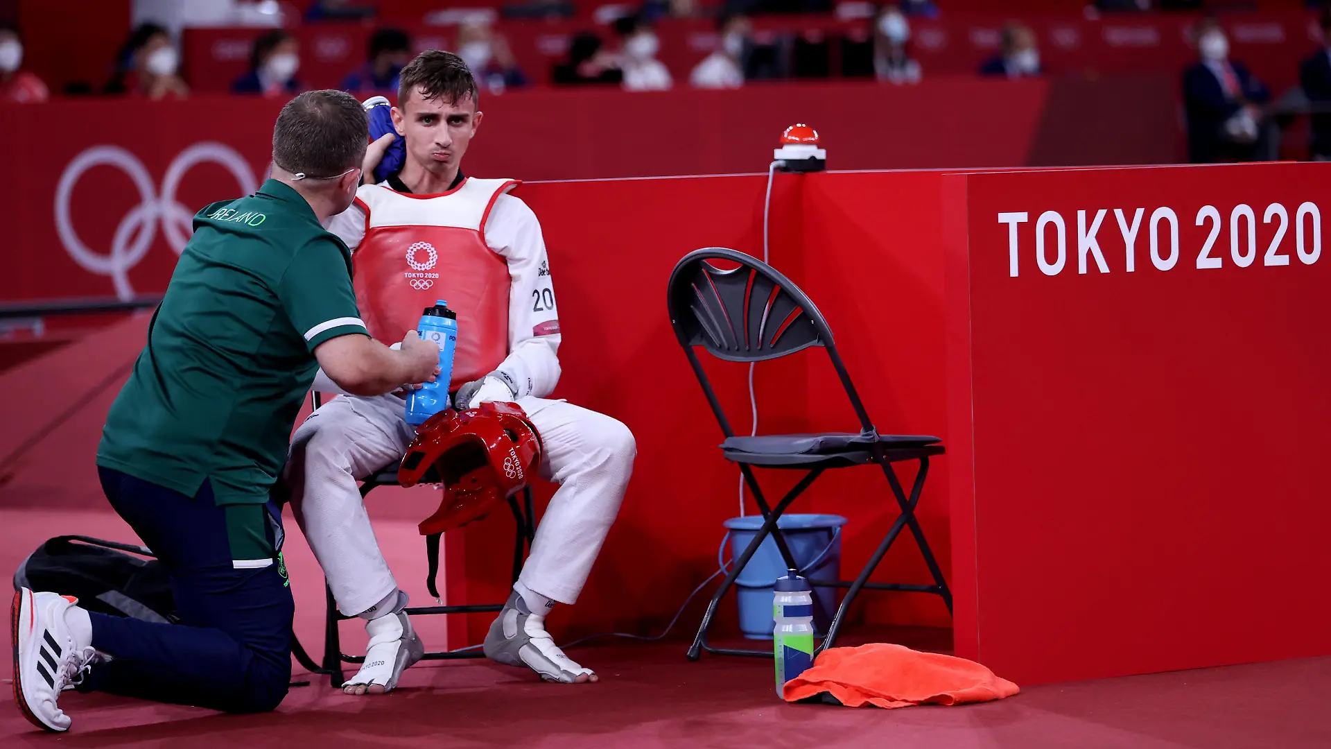 2020 Tokyo Olympic Games, Olympische Spiele, Olympia, OS Artistic Taekwondo,Makuhari Messe, Tokyo, Japan 24/7/2021 Mens -58kg Irelands Jack Woolley with Robert Taaffe, High Performance Director Taekwondo Ireland Jack Woolley with Robert Taaffe 24/7/2021 PUBLICATIONxNOTxINxUKxIRLxFRAxNZL Copyright: x INPHO/JamesxCrombiex JLKH4600 