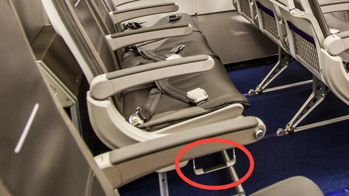 Eine leere Sitzreihe im Flugzeug. Rot umrandet ist ein kleiner Tritt am unteren Rand des Sitzgestells.