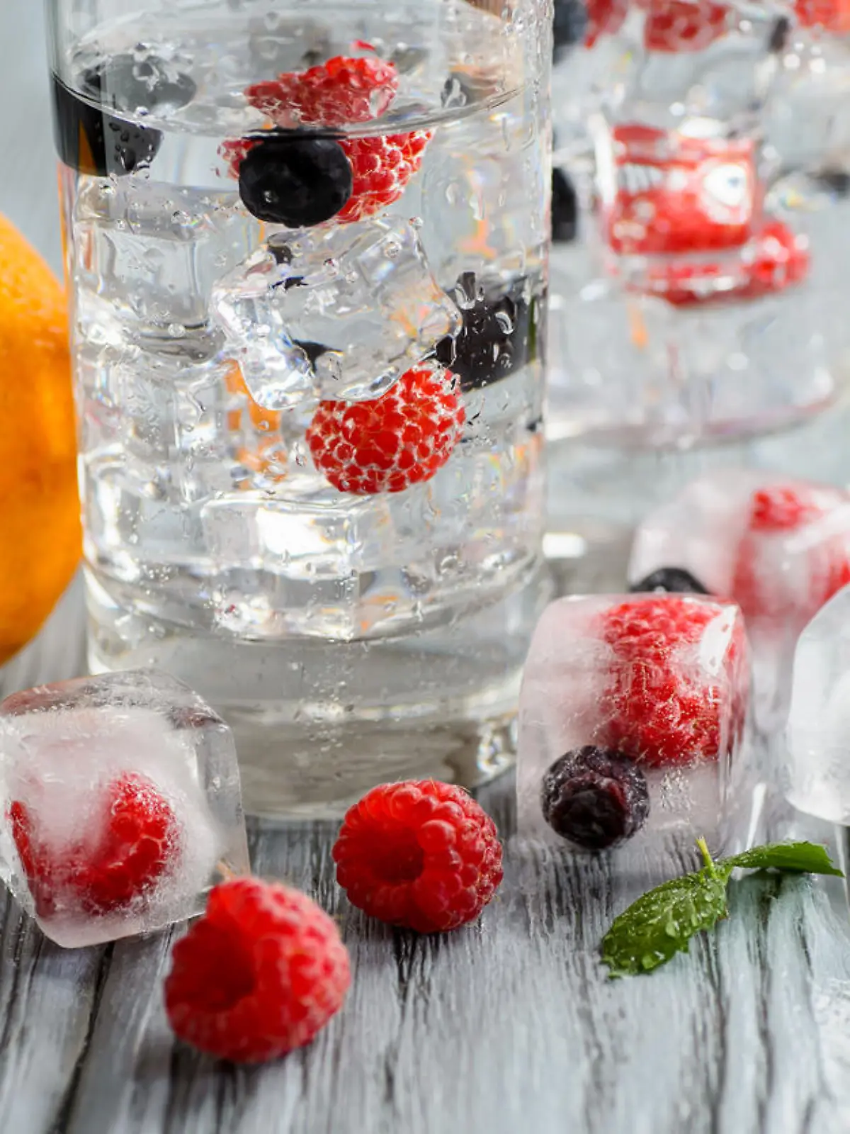 Eiswürfel mit eingefrorenen Beeren