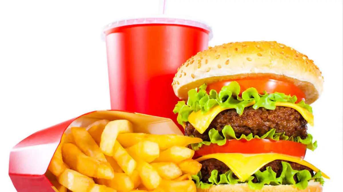 Tasty hamburger and french fries on a white background