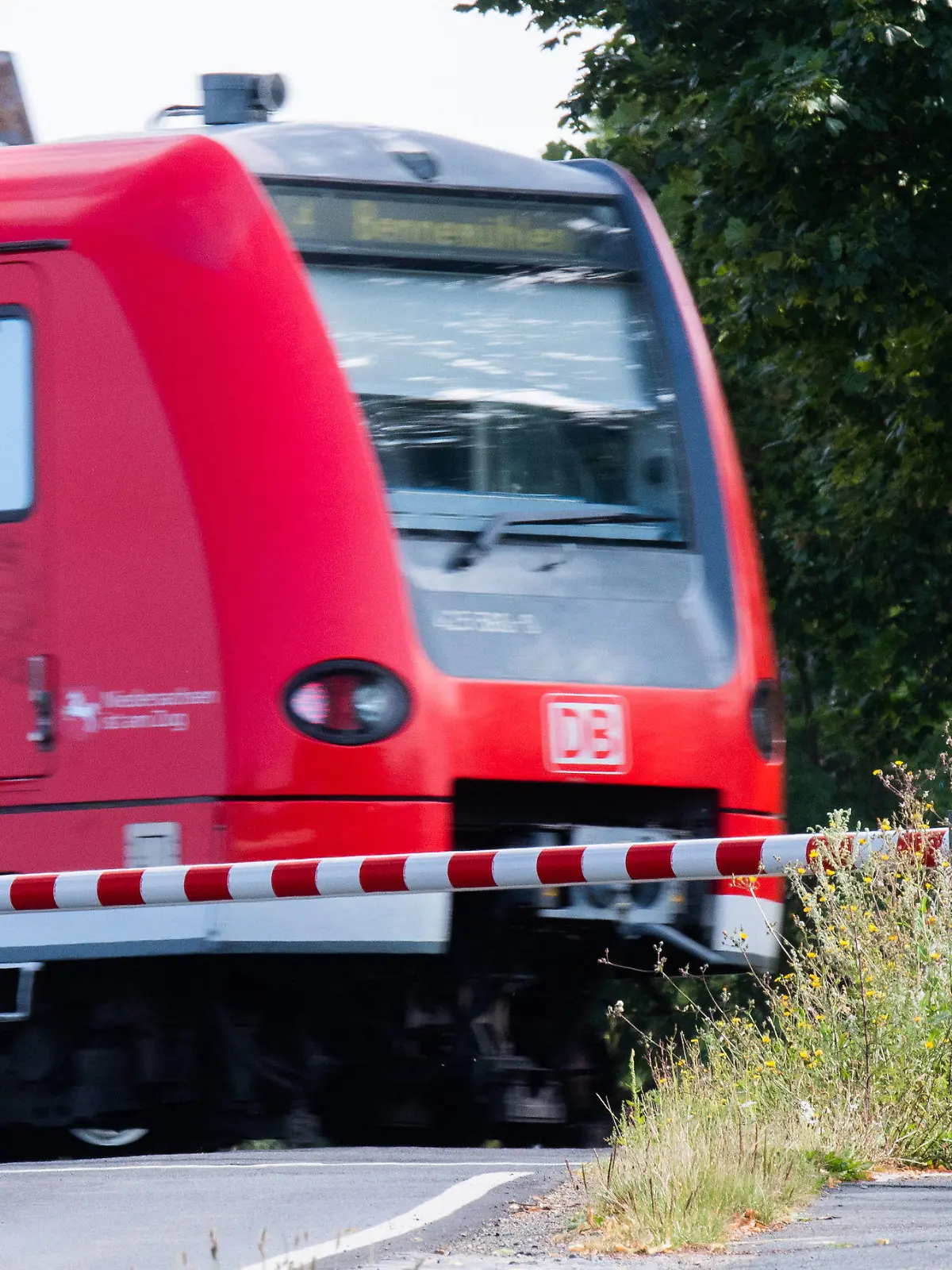 10.08.2021, Niedersachsen, Rössing: Eine S-Bahn der Deutschen Bahn (DB) fährt an einem Bahnübergang mit einer roten Ampel vorbei. Die Gewerkschaft Deutscher Lokomotivführer (GDL) gibt an diesem Dienstag das Ergebnis der Urabstimmung zum Arbeitskampf bei der Deutschen Bahn bekannt. Foto: Julian Stratenschulte/dpa +++ dpa-Bildfunk +++