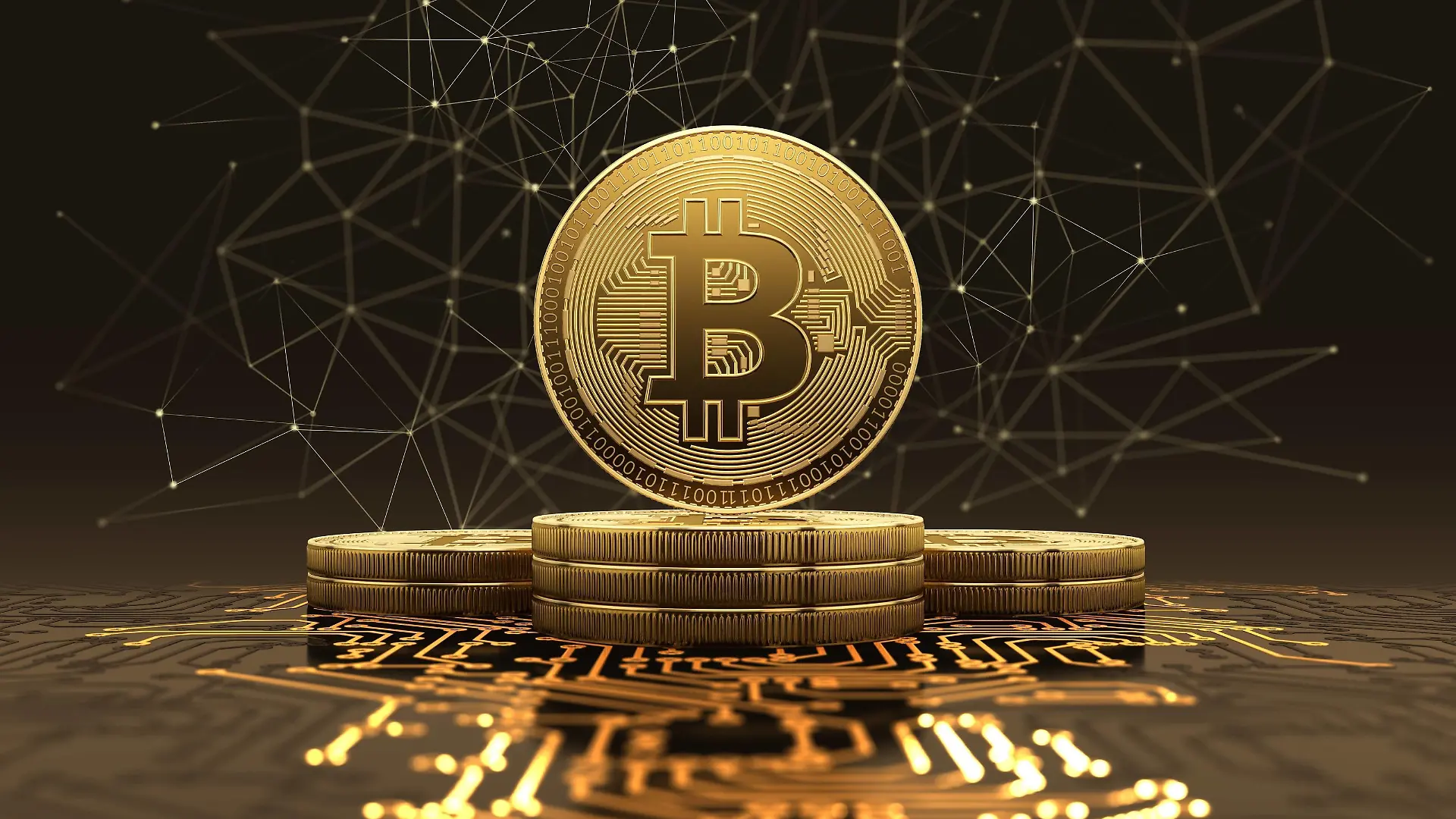 Golden bitcoin, illustration Golden bitcoin standing on circuit board, cryptocurrency concept. 3d illustration. PUBLICATIONxINxGERxSUIxHUNxONLY SERGIIxIAREMENKO/SCIENCExPHOTOxLIBRARY F022/9206