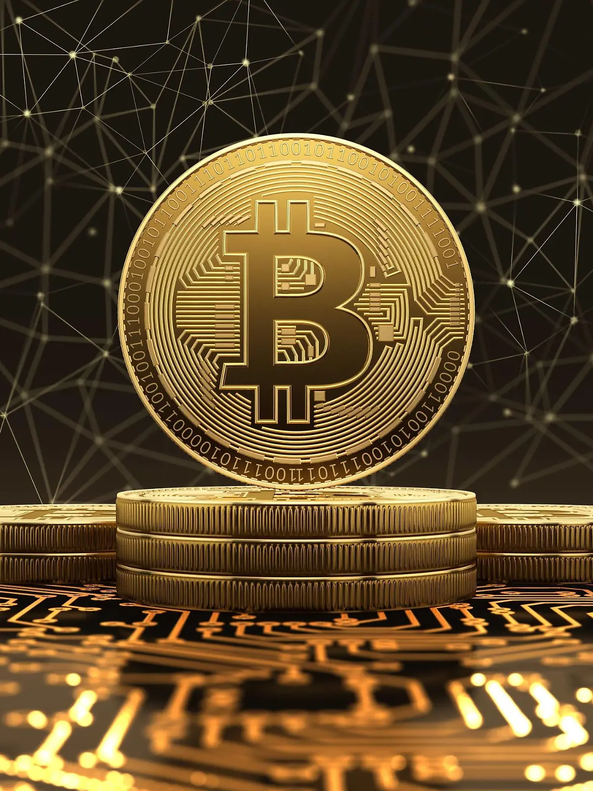  Golden bitcoin, illustration Golden bitcoin standing on circuit board, cryptocurrency concept. 3d illustration. PUBLICATIONxINxGERxSUIxHUNxONLY SERGIIxIAREMENKO/SCIENCExPHOTOxLIBRARY F022/9206