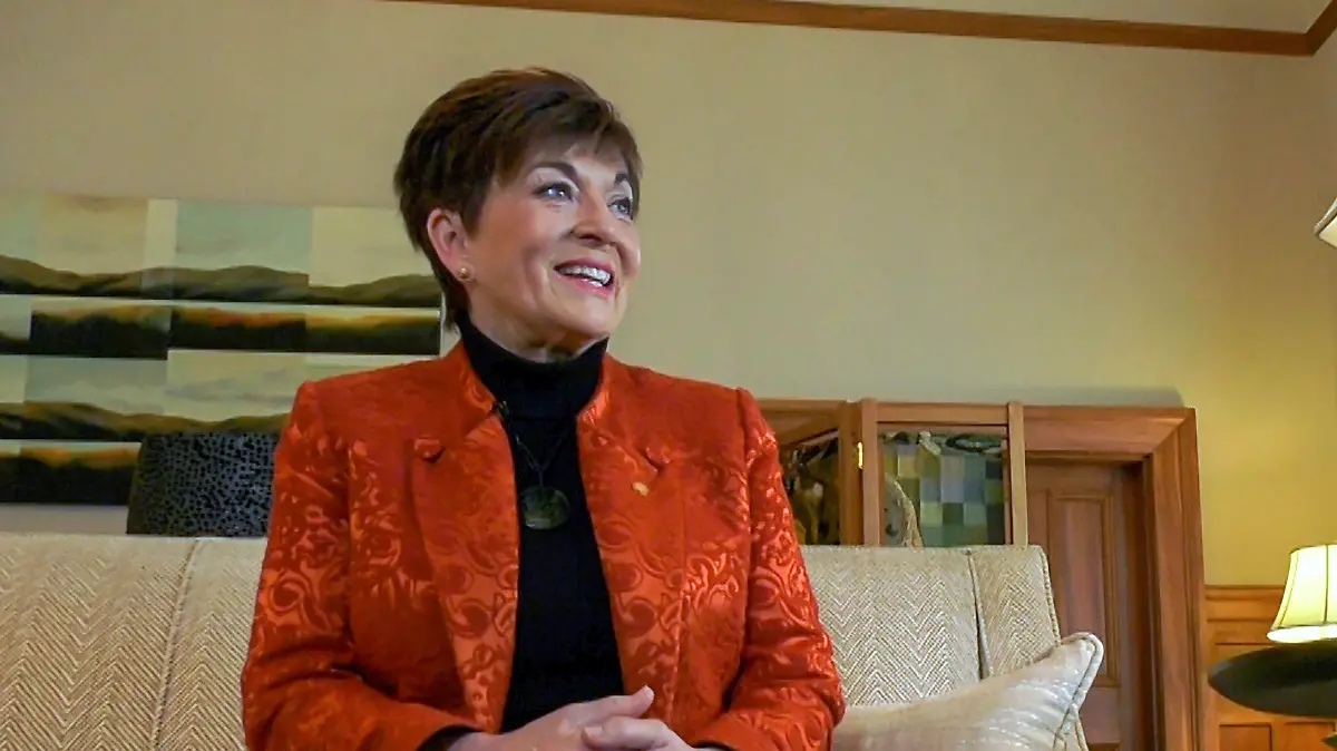 New Zealand’s Governor-General Patsy Reddy speaks during an interview with the Associated Press, Wednesday, Aug. 4, 2021, in Wellington, New Zealand. Reddy says Prince Harry and Meghan discussed moving to New Zealand during a 2018 visit, more than a year before announcing they were stepping back from royal duties and moving to North America. (AP Photo Sam James)