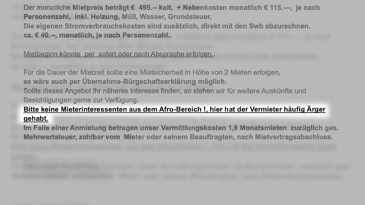 Mit so einem rassistischen Hinweis hat ein Makler in Bremen für eine Wohnung geworben.