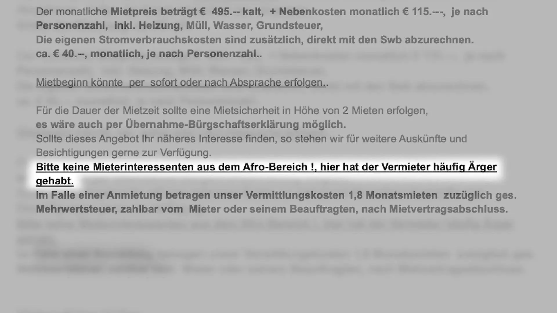 Mit so einem rassistischen Hinweis hat ein Makler in Bremen für eine Wohnung geworben.