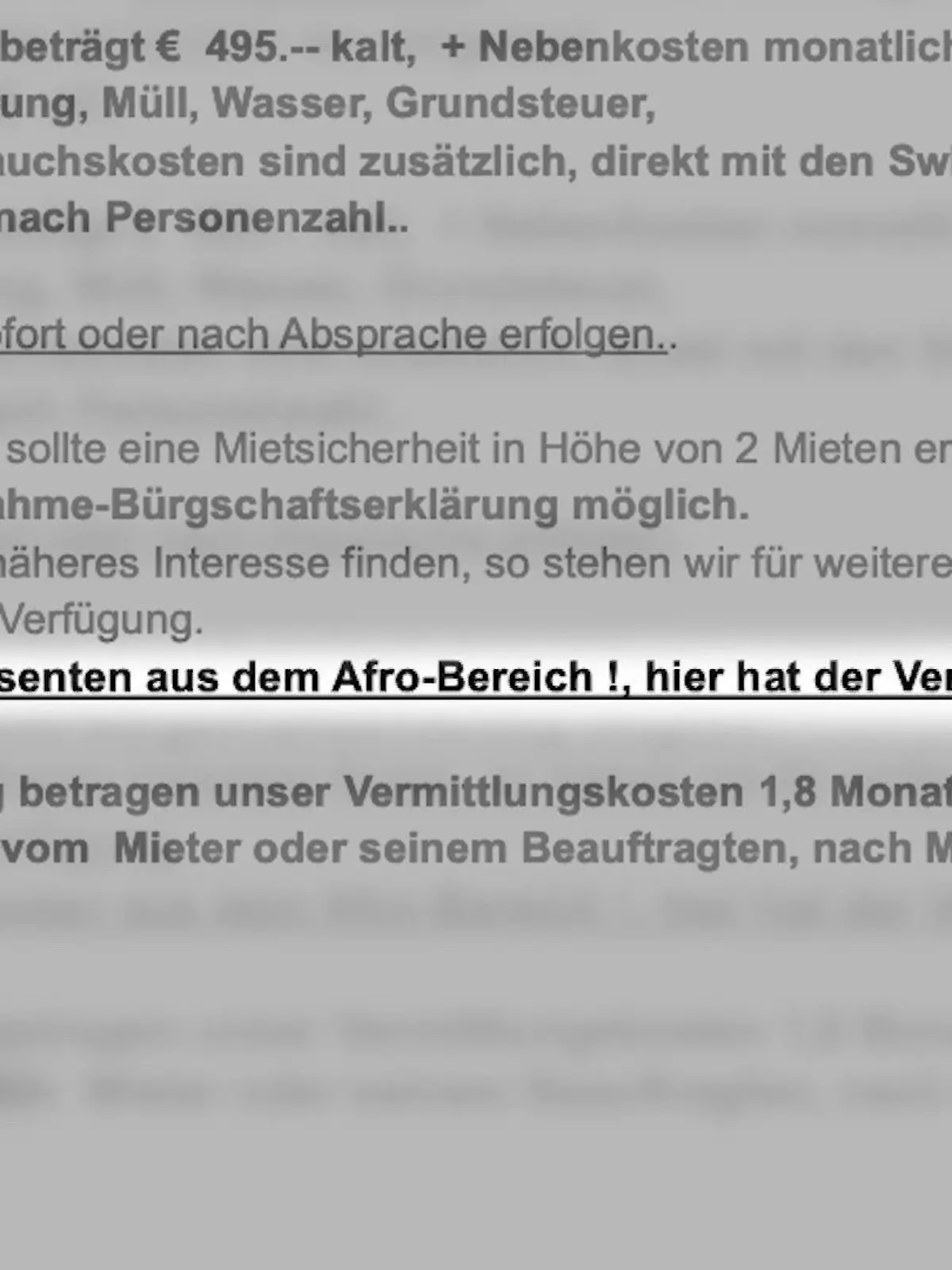 Mit so einem rassistischen Hinweis hat ein Makler in Bremen für eine Wohnung geworben.