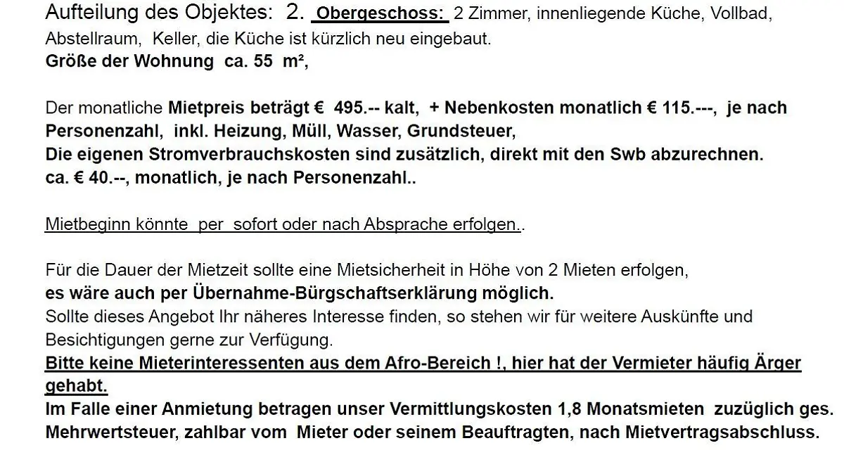 Mit so einem rassistischen Hinweis hat ein Makler in Bremen für eine Wohnung geworben.