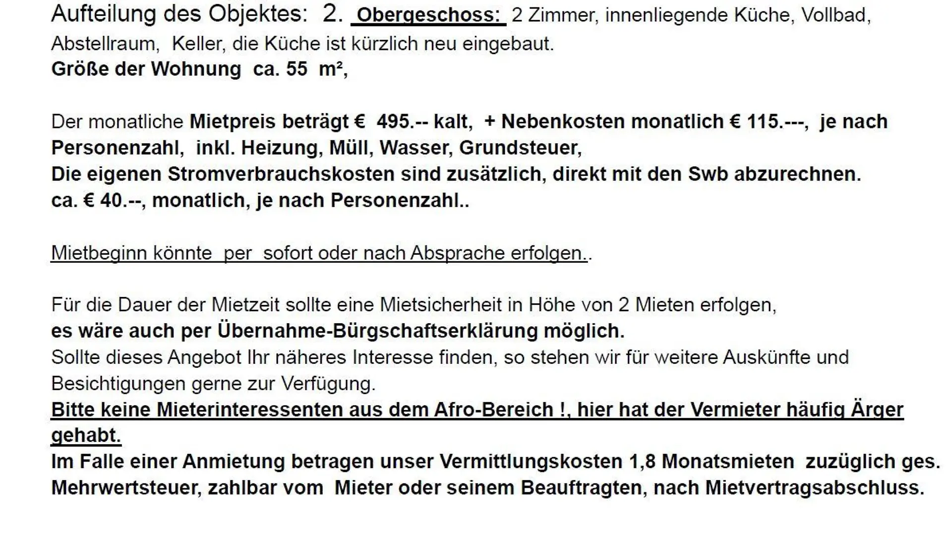 Mit so einem rassistischen Hinweis hat ein Makler in Bremen für eine Wohnung geworben.