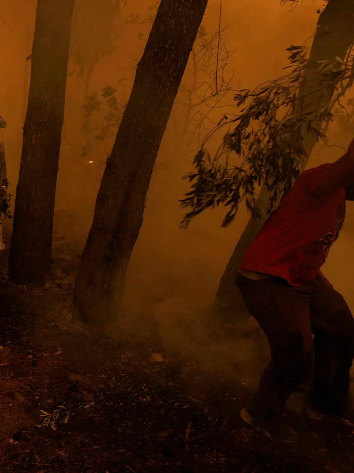 08.08.2021, Griechenland, Pefki: Personen versuchen einen Waldbrand in einem rauchverhangenen Waldstück in der Nähe des Dorfes Pefki auf der Insel Euböa zu löschen. Erstmals seit Beginn der Waldbrände auf der Insel Euböa Anfang der Woche sind dort massive Lufteinsätze gegen die Flammen geflogen worden. Foto: Petros Karadjias/AP/dpa +++ dpa-Bildfunk +++