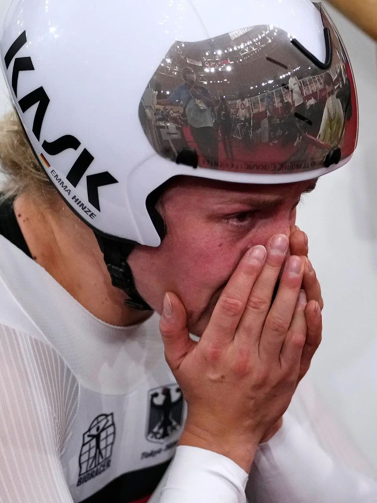 Emma Hinze of Team Germany reacts after losing in the bronze medal race for the track cycling women's sprint race at the 2020 Summer Olympics, Sunday, Aug. 8, 2021, in Izu, Japan. (AP Photo/Christophe Ena)