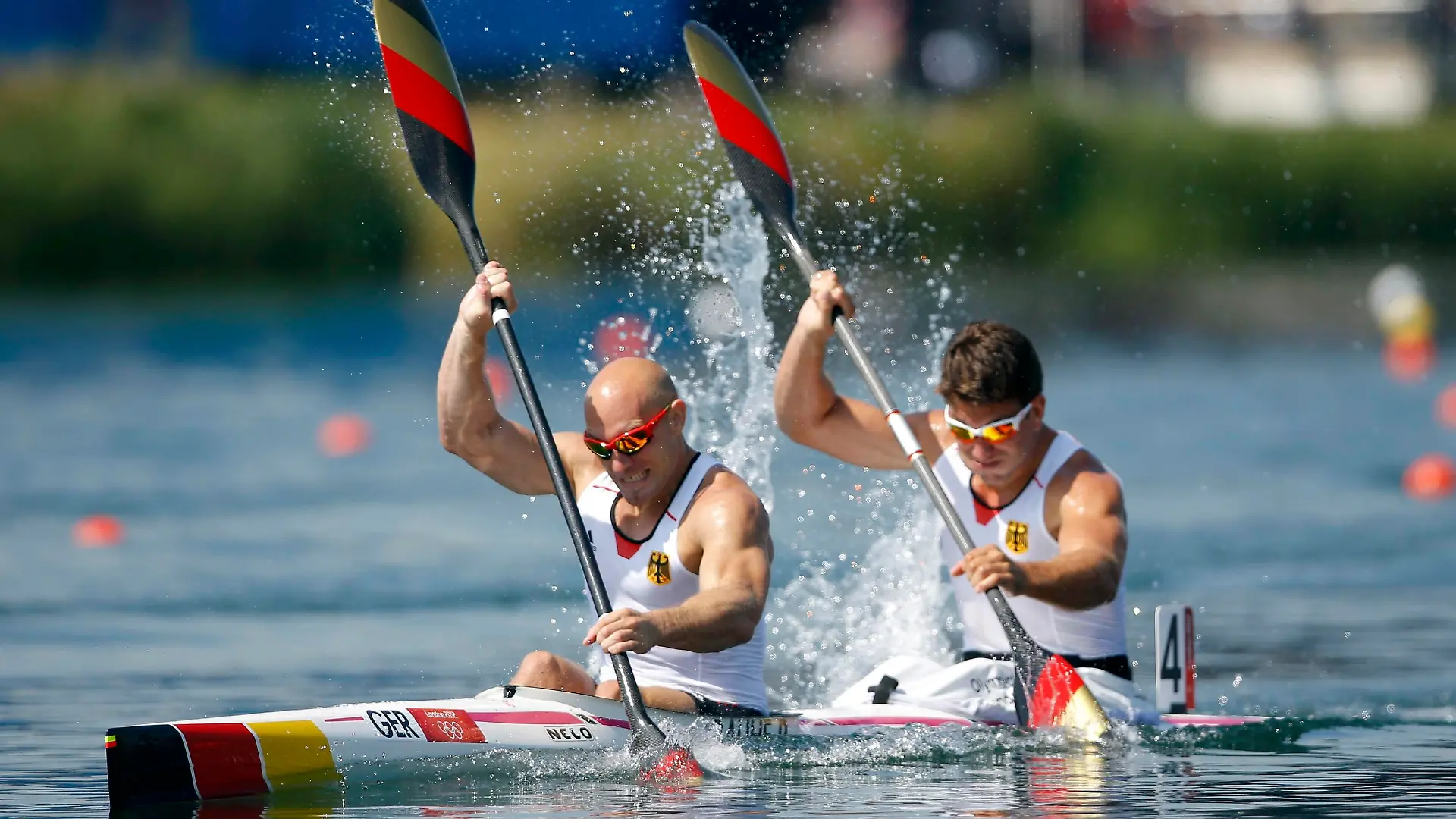 Germany's Ronald Rauhe and Jonas Ems compete in the men's kayak double (K2) 200m semifinal at the Eton Dorney during the London 2012 Olympic Games August 10, 2012. REUTERS/Darren Whiteside (BRITAIN - Tags: OLYMPICS SPORT CANOEING)