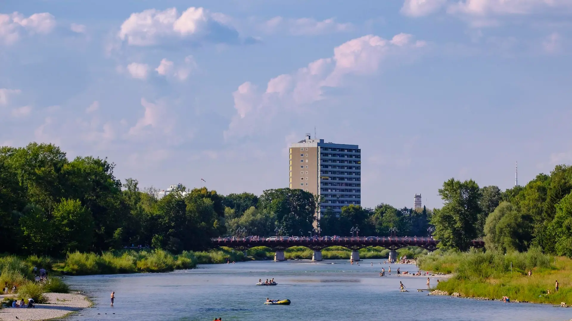 Thalkirchner Brücke über Isar, Flaucher, Thalkirchen, Harlaching, München, Oberbayern, Bayern, Deutschland, Europa