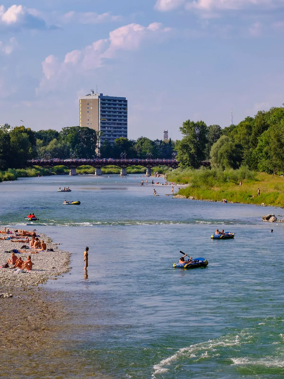 Thalkirchner Brücke über Isar, Flaucher, Thalkirchen, Harlaching, München, Oberbayern, Bayern, Deutschland, Europa