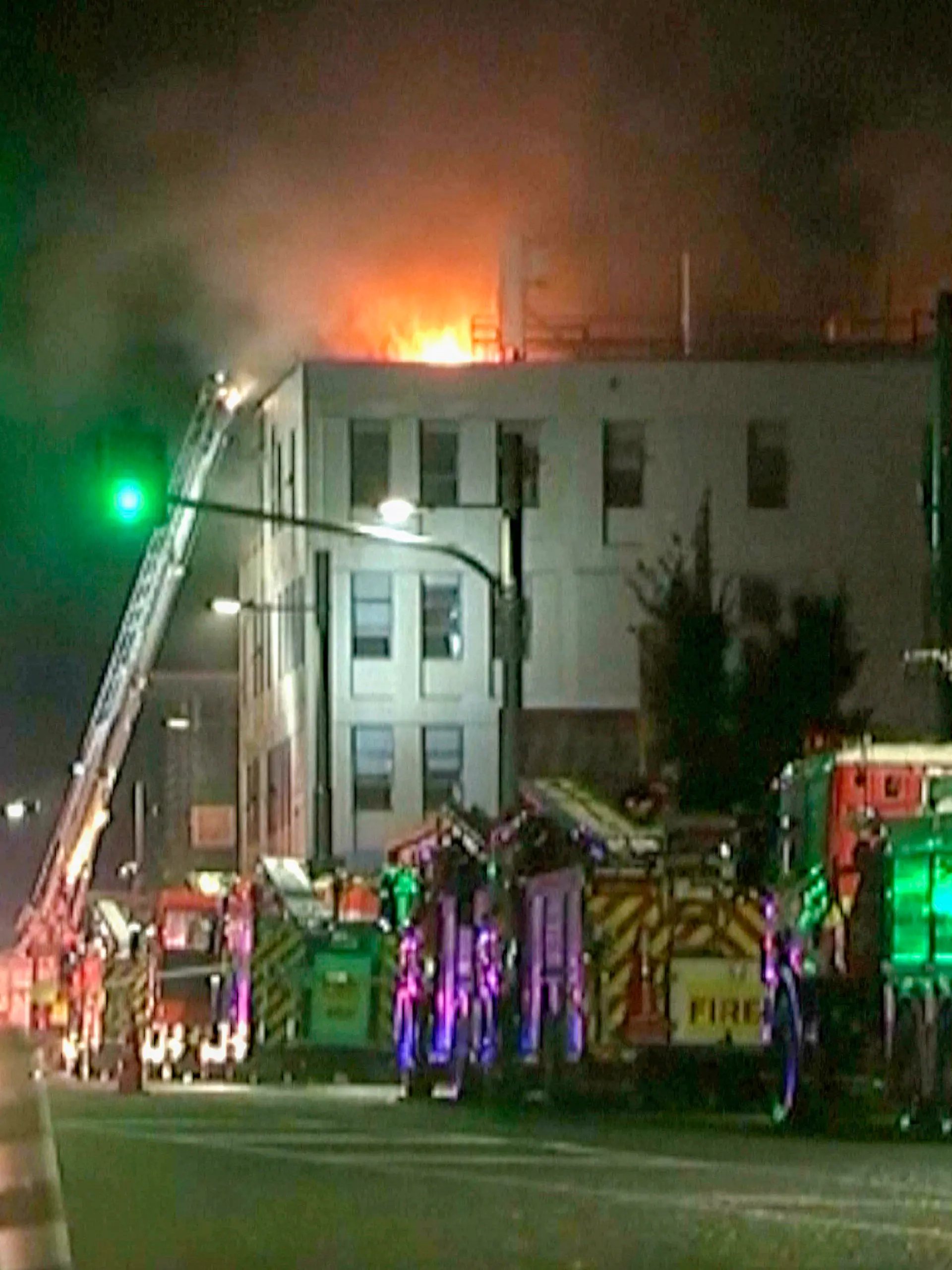 16.05.2023, Neuseeland, Wellington: Auf diesem Videostandbild sind Einsatzkräfte der Feuerwehr bei einem Brand an einem Hostel im Einsatz. Bei einem Brand in einem Hostel in Neuseelands Hauptstadt Wellington sind Medienberichten zufolge mindestens sechs Menschen ums Leben gekommen. Bis zu 30 weitere würden noch vermisst, meldete die Zeitung «The New Zealand Herald» in der Nacht zum Dienstag (Ortszeit) auf ihrer Internetseite. (zu dpa «Berichte: Mindestens sechs Tote bei Brand in Hostel in Neuseeland») Foto: NewsHub/NewsHub/AP/dpa - ACHTUNG: Nur zur redaktionellen Verwendung bis zum 30.05.2023 im Zusammenhang mit der aktuellen Berichterstattung und nur mit vollständiger Nennung des vorstehenden Credits +++ dpa-Bildfunk +++