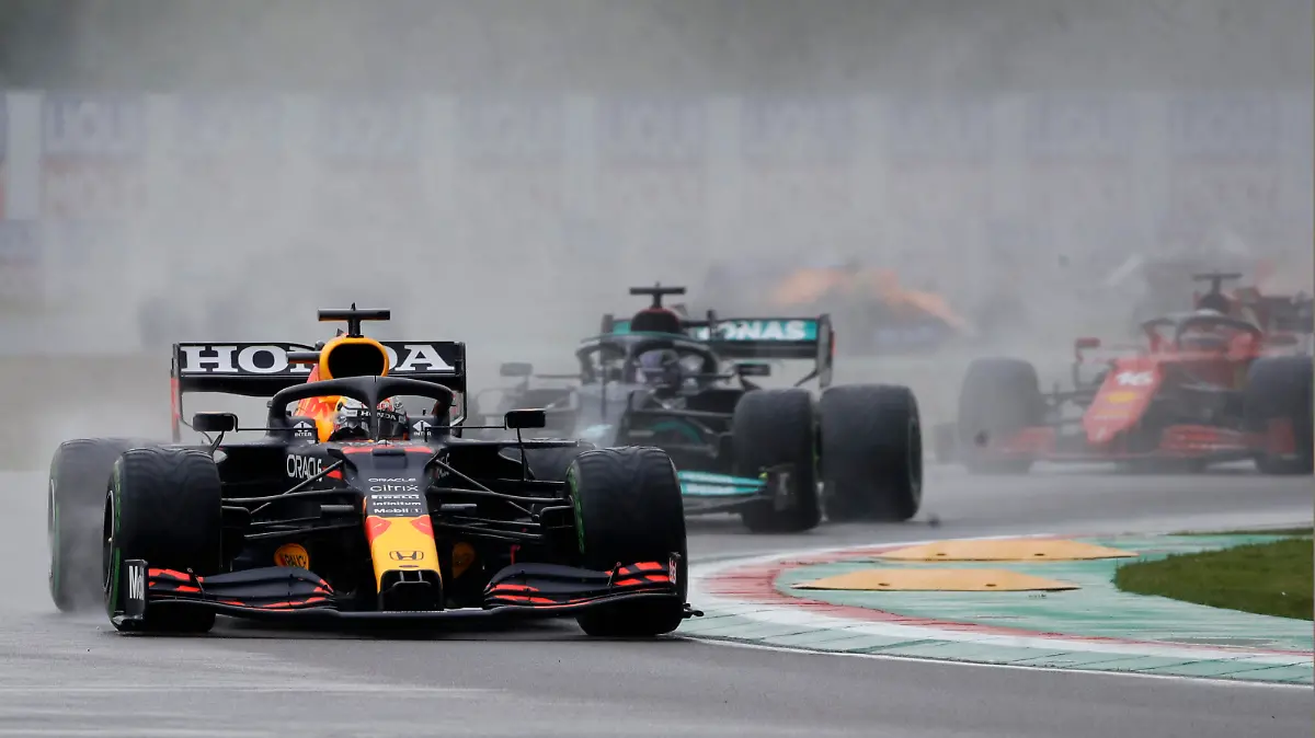 Red Bull driver Max Verstappen of the Netherlands leads Mercedes driver Lewis Hamilton of Britain and Ferrari driver Charles Leclerc of Monaco during the Emilia Romagna Formula One Grand Prix, at the Imola racetrack, Italy, Sunday, April 18, 2021. (AP Photo/Luca Bruno)