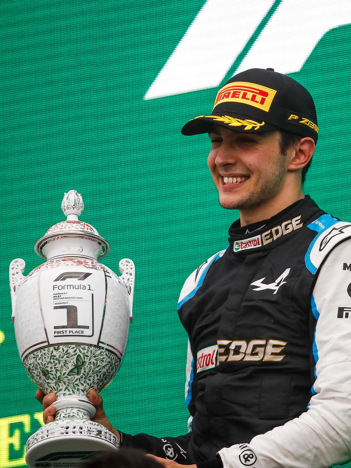  Formula 1 2021: Hungarian GP HUNGARORING, HUNGARY - AUGUST 01: Esteban Ocon, Alpine F1, 1st position, with his trophy during the Hungarian GP at Hungaroring on Sunday August 01, 2021 in Budapest, Hungary. Photo by Zak Mauger / LAT Images Images PUBLICATIONxINxGERxSUIxAUTxHUNxONLY GP2111_152639_56I3915