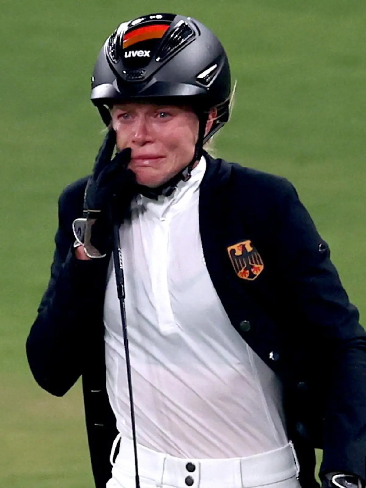 Tokyo 2020 Olympics - Modern Pentathlon - Women's Riding - Tokyo Stadium - Tokyo, Japan - August 6, 2021. Annika Schleu of Germany reacts after competing REUTERS/Ivan Alvarado