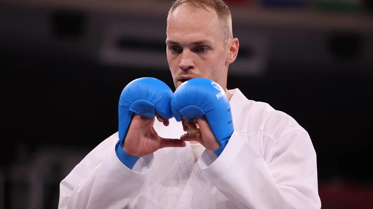 06.08.2021, Japan, Tokio: Karate: Olympia, Männer, Finalrunde, 75kg/Kumite im Nippon Budokan. Noah Bitsch aus Deutschland. Foto: Jan Woitas/dpa +++ dpa-Bildfunk +++