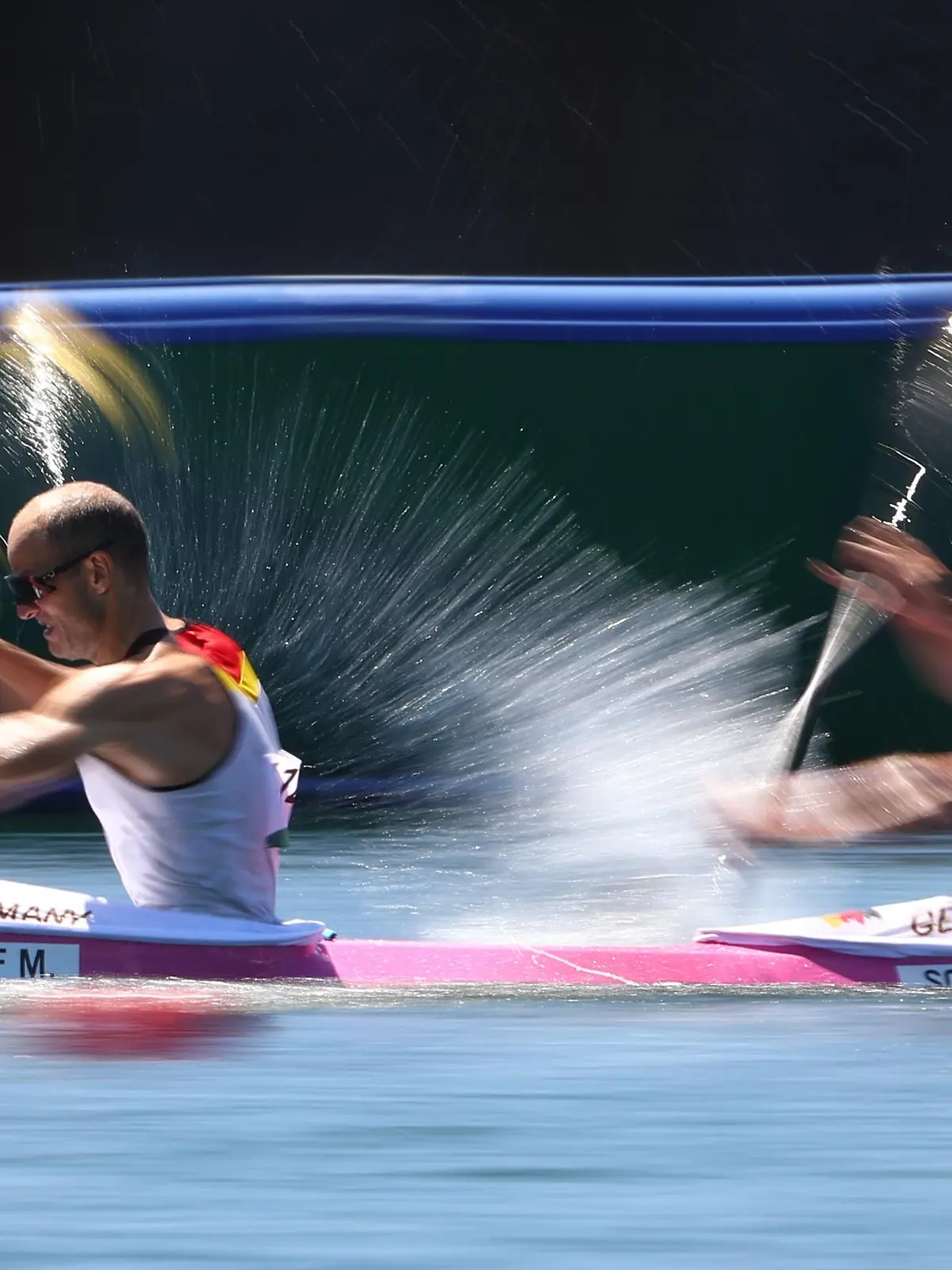 Tokyo 2020 Olympics - Canoe Sprint - Men's K2 1000m - Semifinal 2 - Sea Forest Waterway, Tokyo, Japan – August 5, 2021. Max Hoff of Germany and Jacob Schopf of Germany in action REUTERS/Lindsey Wasson