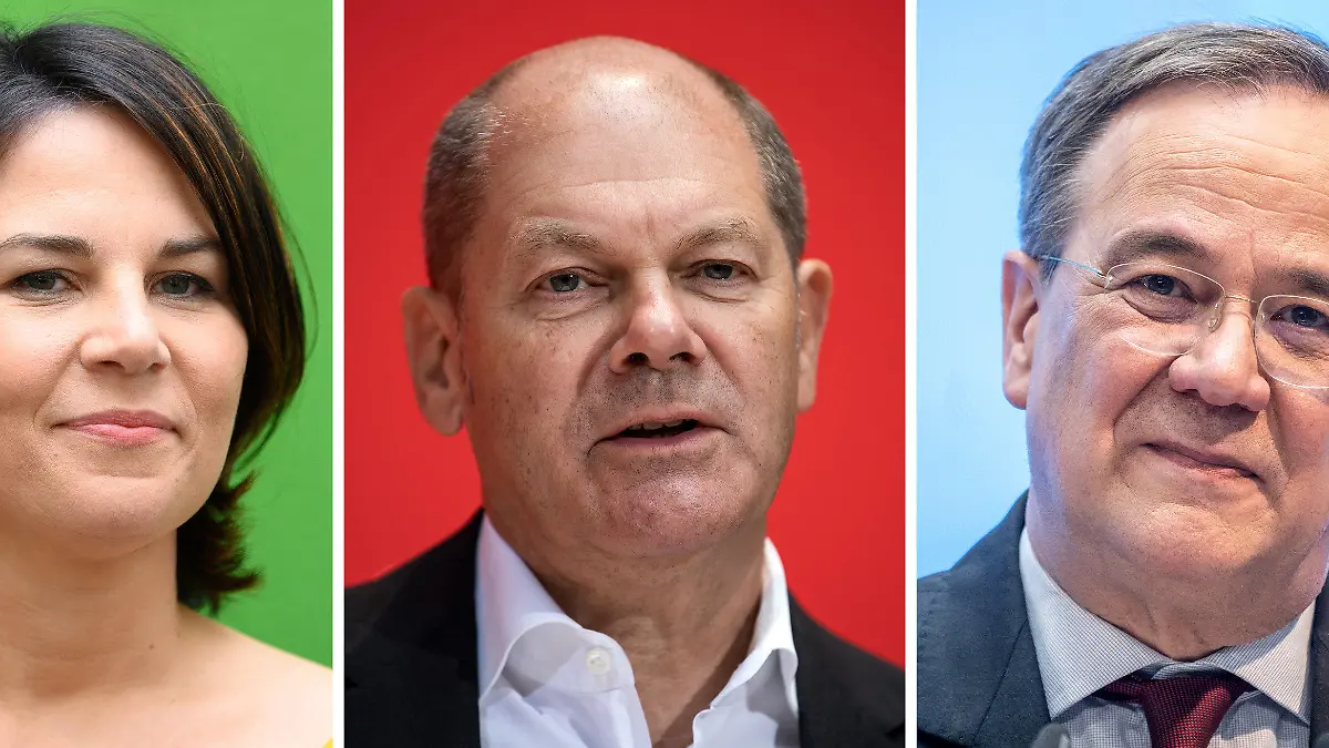 ARCHIV - 16.09.2019, Berlin: KOMBO - Die Spitzenkandidaten für die kommende Bundestagswahl von CDU/CSU, Armin Laschet (r), Bündnis 90/Die Grünen, Annalena Baerbock (l), und der SPD, Olaf Scholz. (Zu dpa "/Von Hip-Hop bis Erfrischungsgeld - Fakten zur Wahl") Foto: dpa +++ dpa-Bildfunk +++