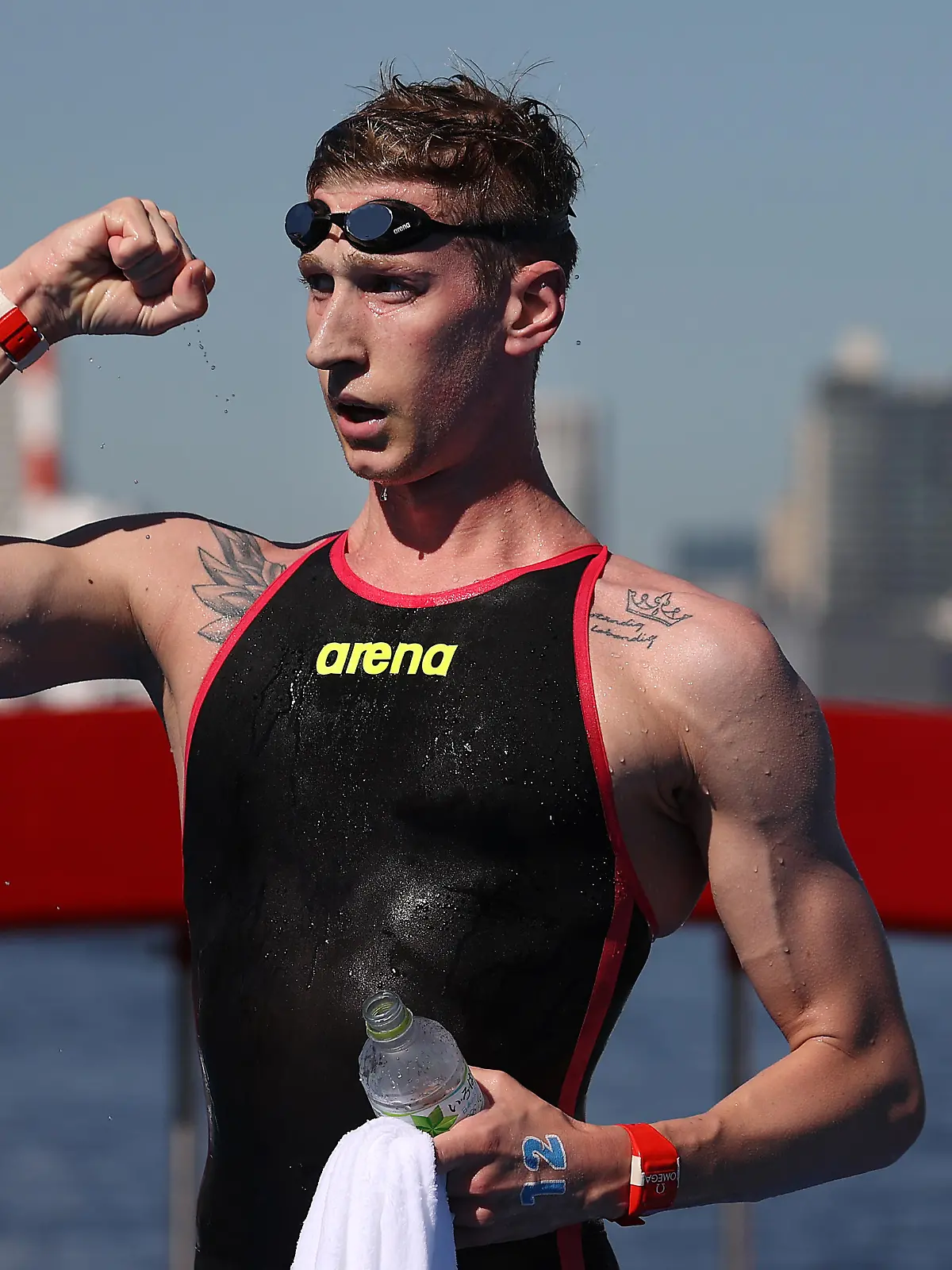 TOKYO, JAPAN - AUGUST 05: Florian Wellbrock of Team Germany reacts after winning Gold in the Men's 10km Marathon Swimming on day thirteen of the Tokyo 2020 Olympic Games at Odaiba Marine Park on August 05, 2021 in Tokyo, Japan. (Photo by Al Bello/Getty Images)