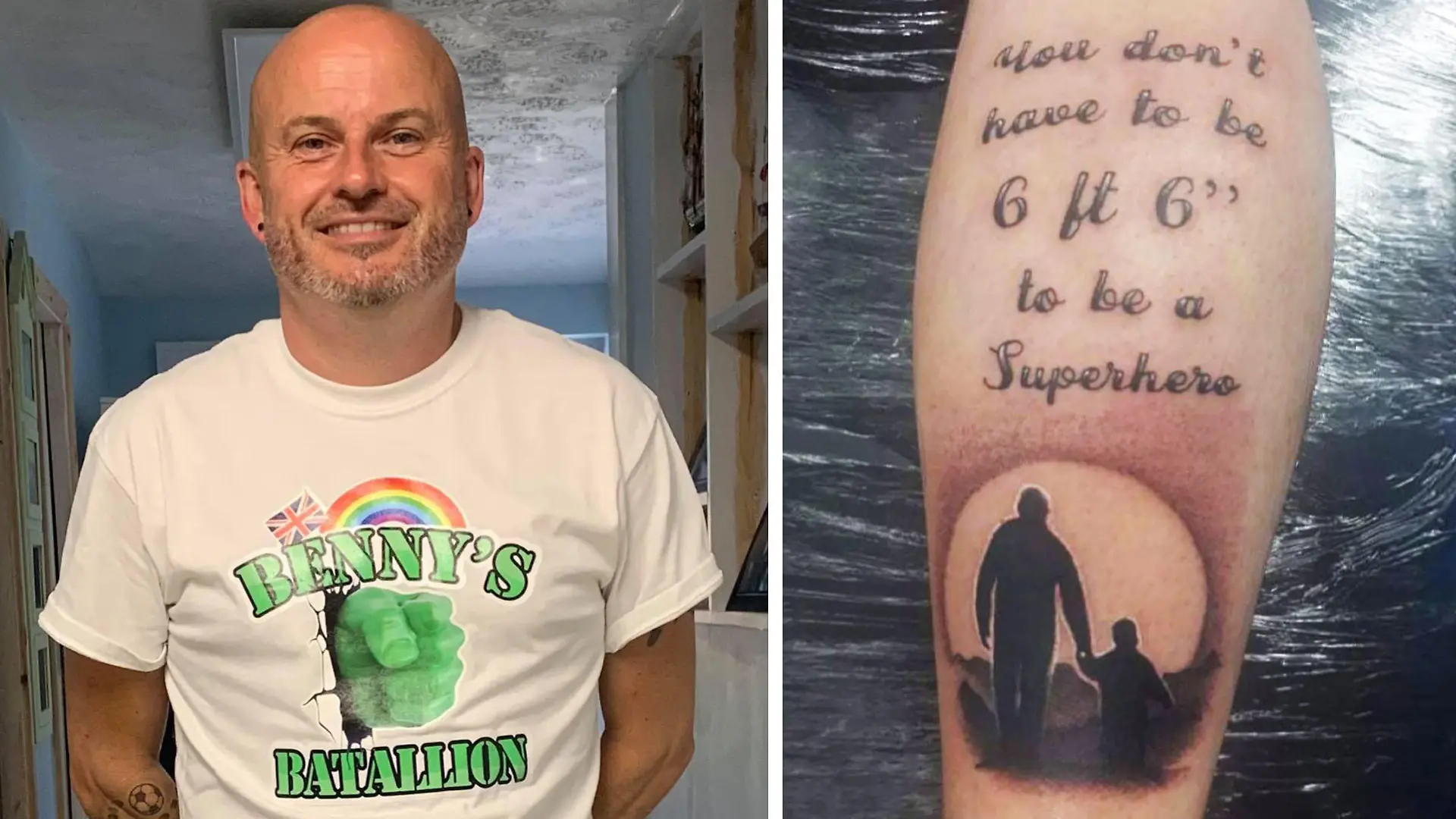 Links sieht man Vater Kev und rechts sein Wadentattoo.