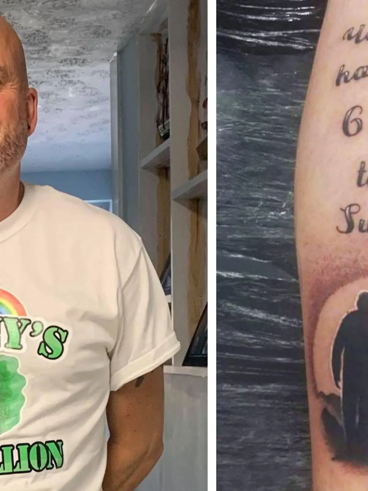 Links sieht man Vater Kev und rechts sein Wadentattoo.