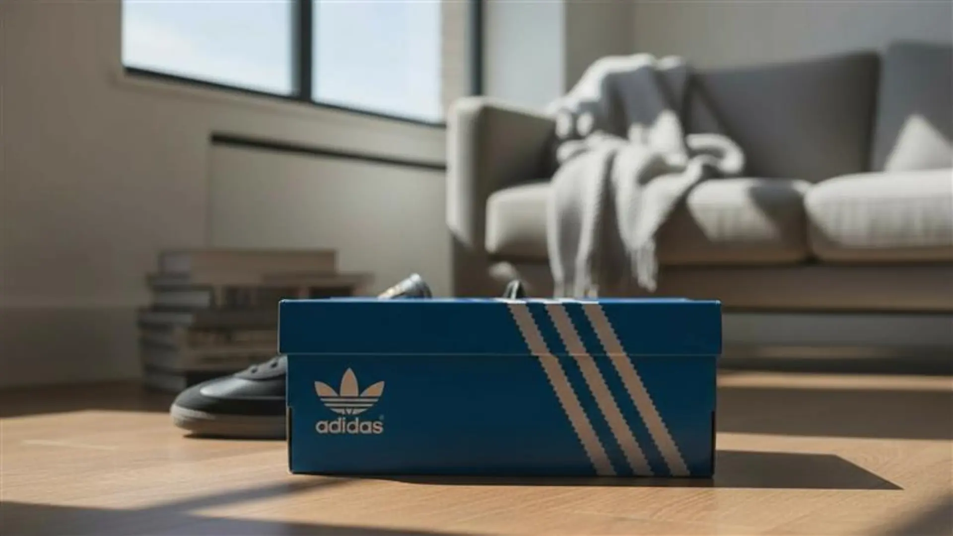 Adidas Spezial in schwarzem Leder hinter einem Schuhkarton.