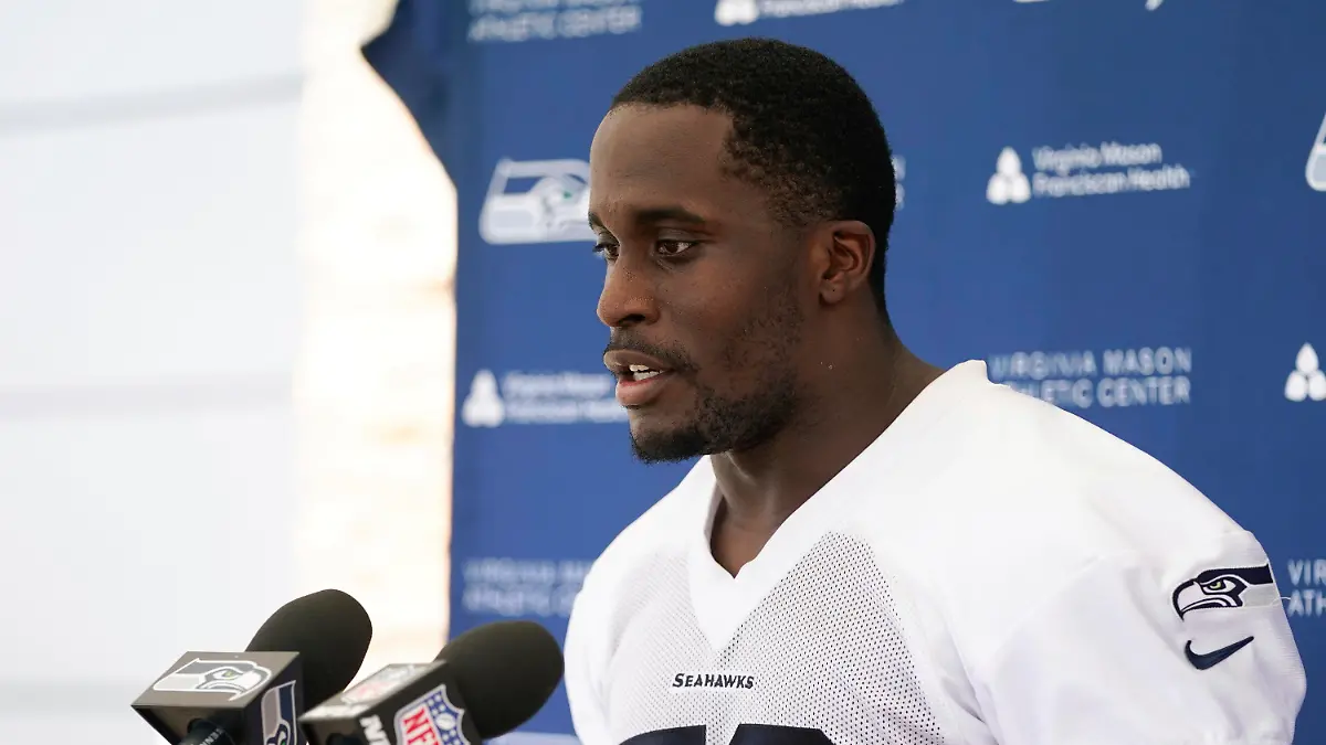 Seattle Seahawks linebacker Derick Hall speaks with the media following the NFL football team's rookie minicamp, Friday, May 12, 2023, in Renton, Wash. (AP Photo/Lindsey Wasson)