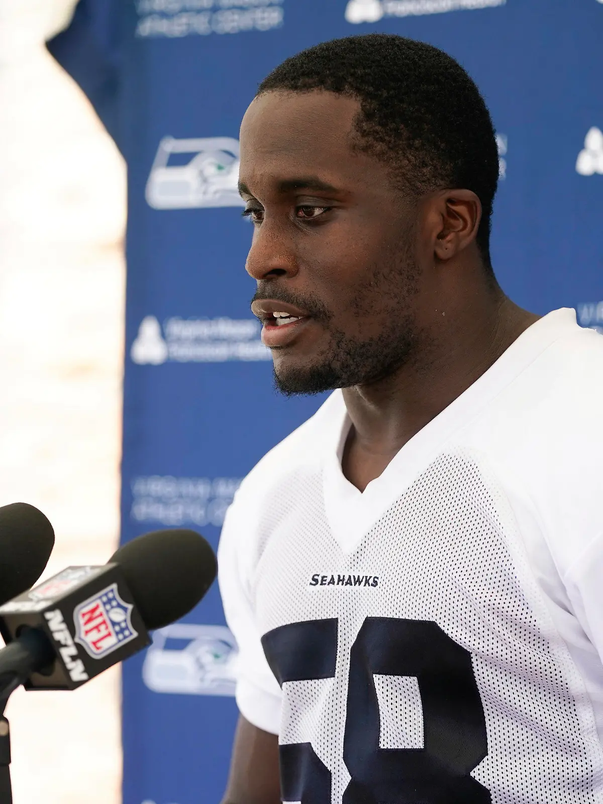 Seattle Seahawks linebacker Derick Hall speaks with the media following the NFL football team's rookie minicamp, Friday, May 12, 2023, in Renton, Wash. (AP Photo/Lindsey Wasson)
