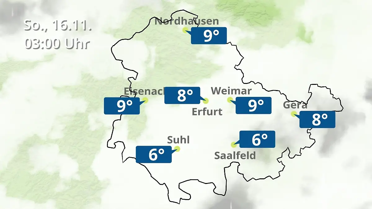 Thüringen: Wie wird das Wetter? Regen- und Wolkenfilm für Erfurt, Gera und Eisenach