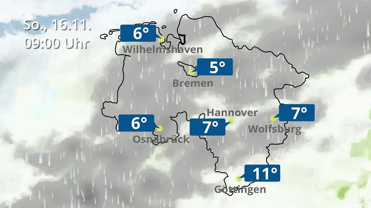 Bremen und Niedersachsen: Wie wird das Wetter? Regen- und Wolkenfilm für Hannover, Osnabrück und Wolfsburg