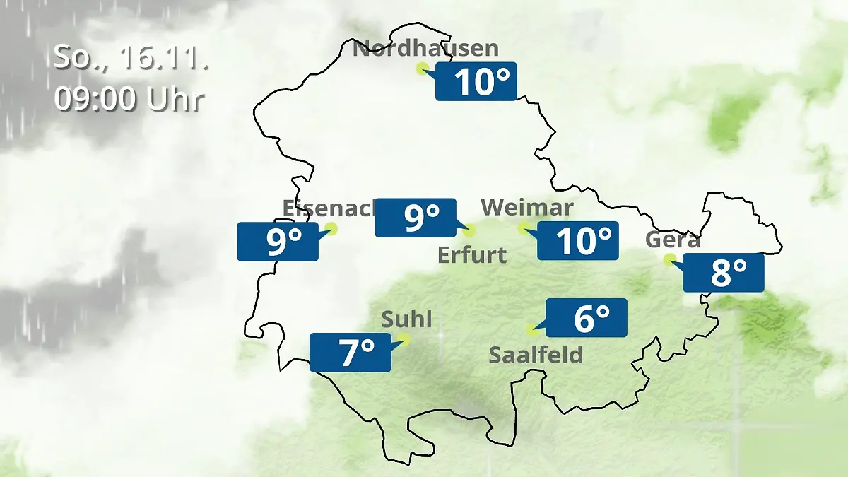 Thüringen: Wie wird das Wetter? Regen- und Wolkenfilm für Erfurt, Gera und Eisenach