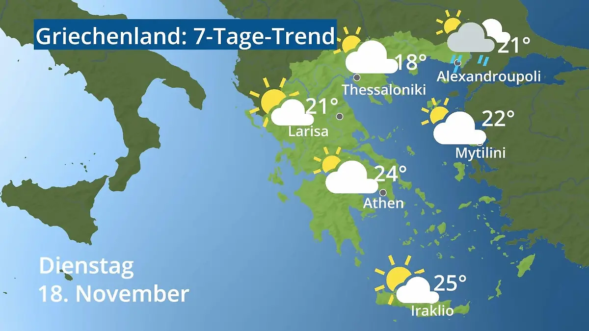 Griechenland: Wie wird das Wetter? Video 7-Tage-Trend: Athen, Kreta, Lesbos