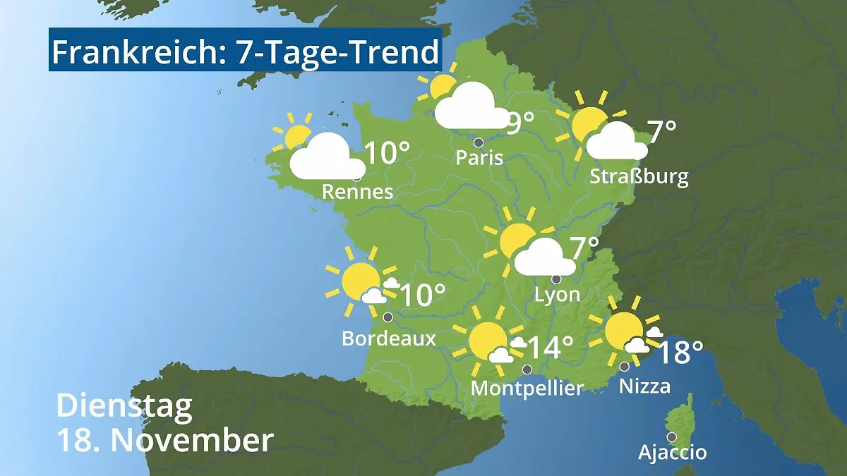 Frankreich: Wie wird das Wetter? Video 7-Tage-Trend: Paris, Straßburg, Nizza, Korsika