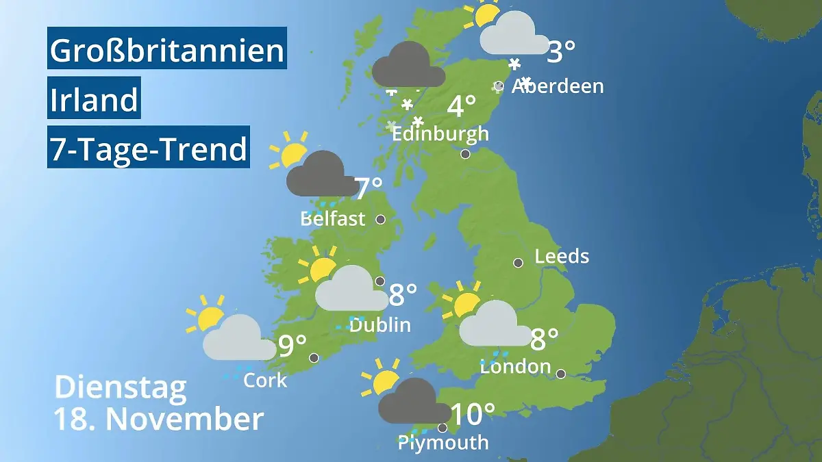 England, Schottland, Wales: Wie wird das Wetter? Video 7-Tage-Trend: Großbritannien und Irland