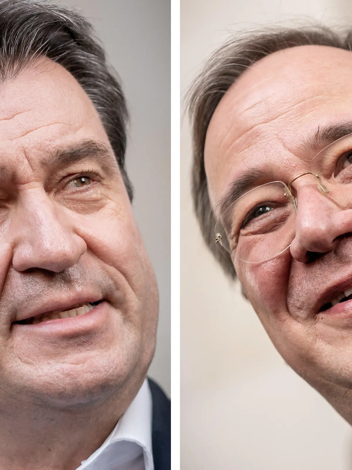 13.04.2021, Berlin: Eine Kombo aus zwei Einzelbildern zeigt Markus Söder (l, CSU), Ministerpräsident von Bayern und CSU-Vorsitzender, und Armin Laschet (CDU), Ministerpräsident von Nordrhein-Westfalen und CDU-Vorsitzender, nach der Sitzung der CDU/CSU Fraktion im Bundestag. Foto: Michael Kappeler/dpa +++ dpa-Bildfunk +++