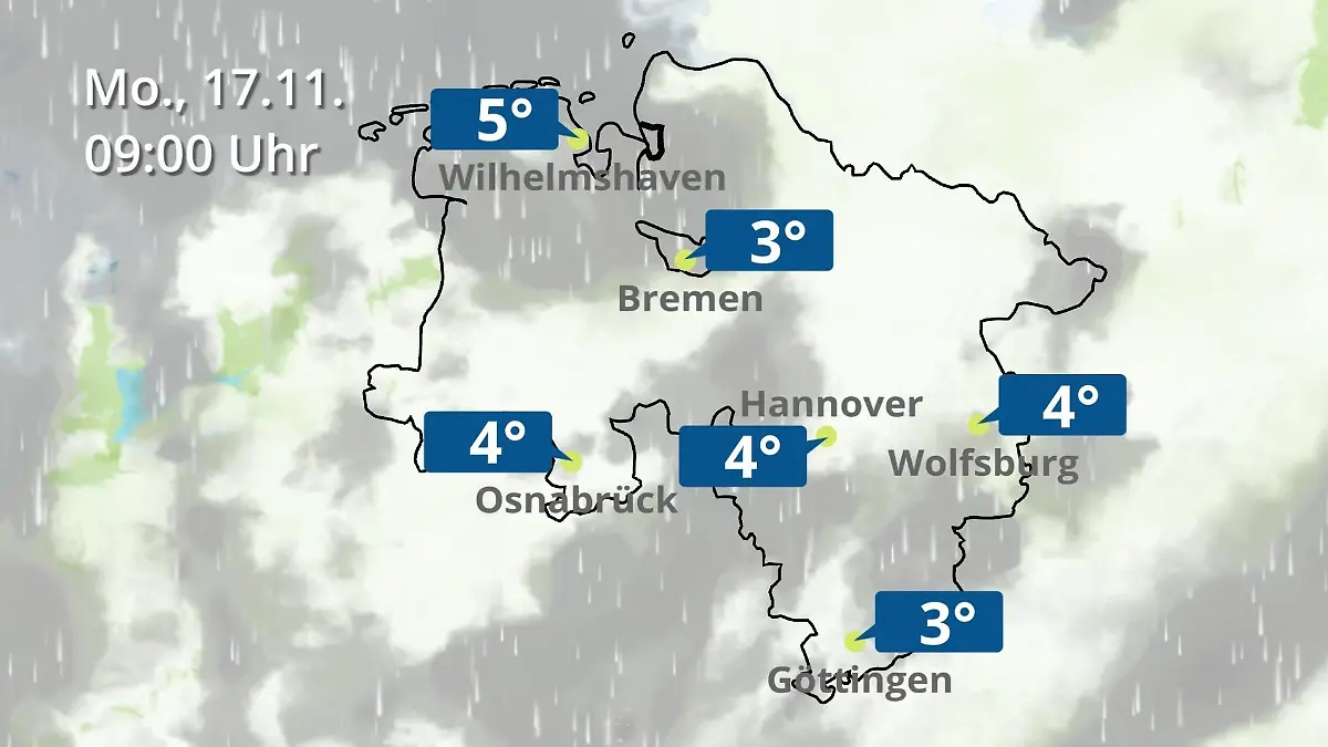 Bremen und Niedersachsen: Wie wird das Wetter? Regen- und Wolkenfilm für Hannover, Osnabrück und Wolfsburg
