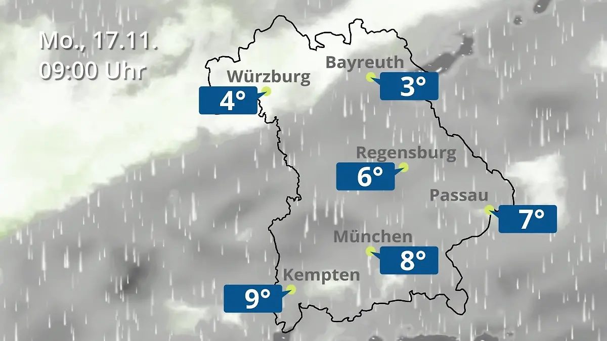 Bayern: Wie wird das Wetter? Regen- und Wolkenfilm für München, Regensburg und Würzburg