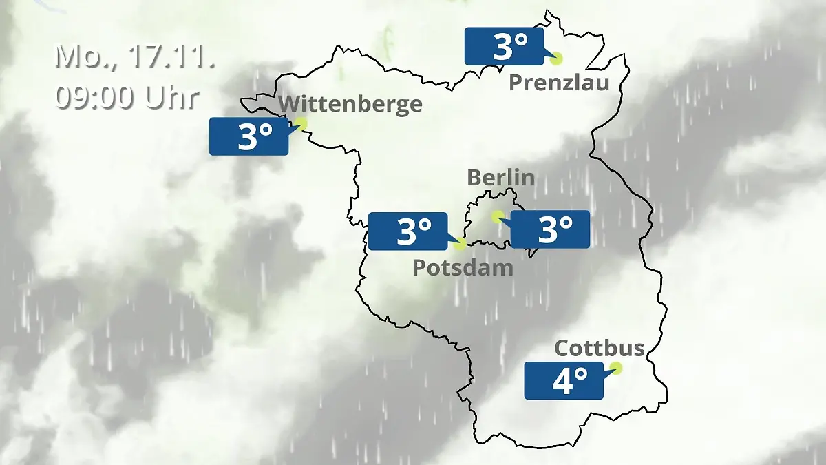 Berlin und Brandenburg: Wie wird das Wetter? Regen- und Wolkenfilm für Potsdam, Cottbus und Wittenberge