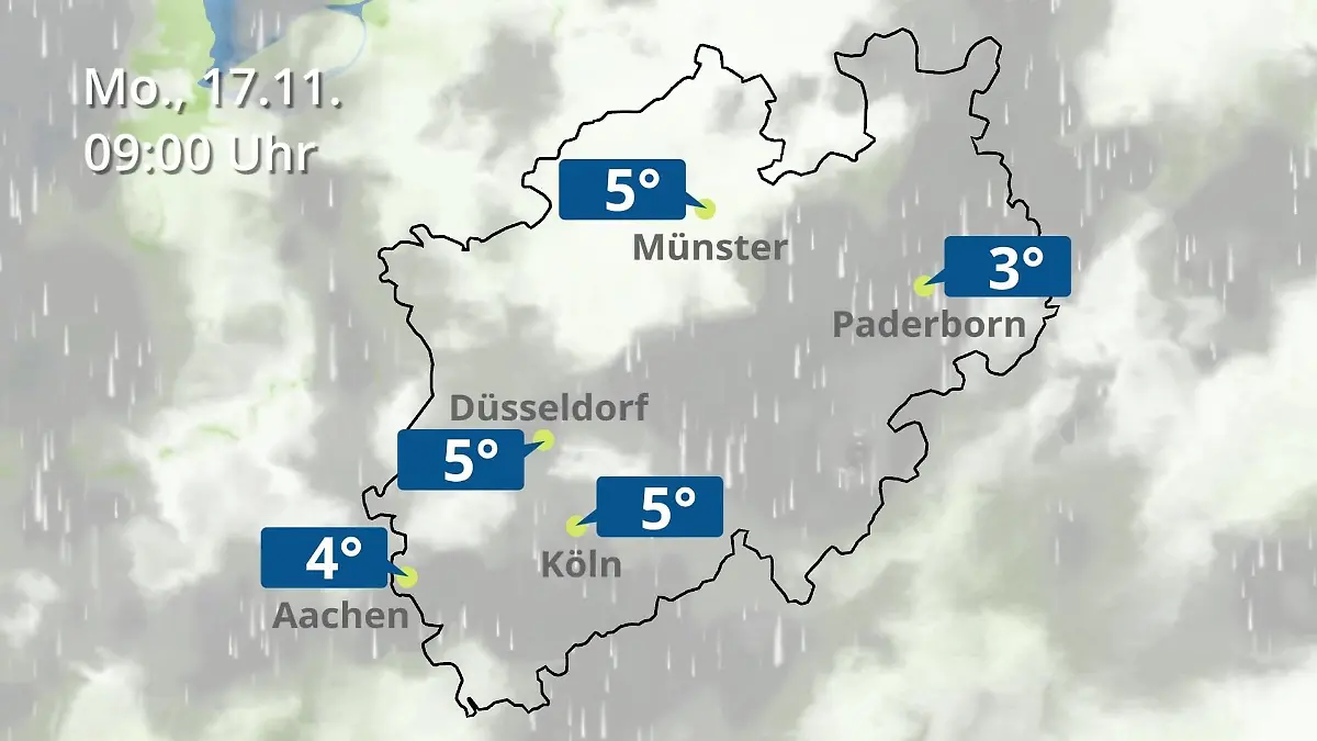 Nordrhein-Westfalen: Wie wird das Wetter? Regen- und Wolkenfilm für Köln, Düsseldorf und Münster