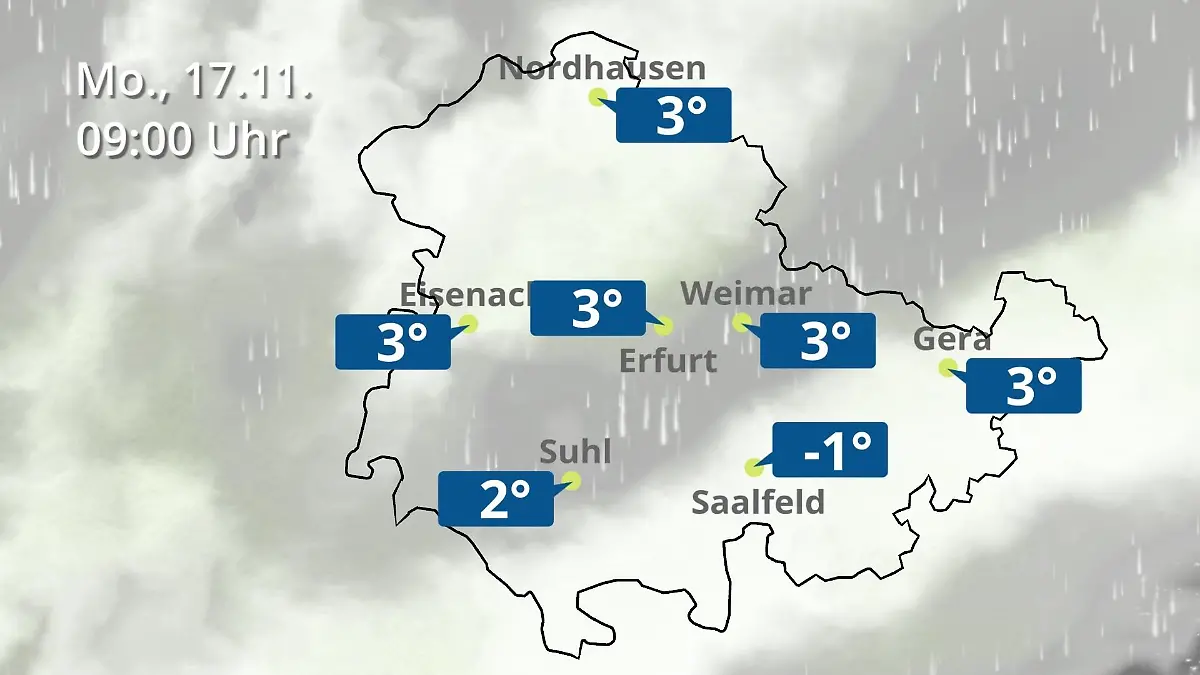 Thüringen: Wie wird das Wetter? Regen- und Wolkenfilm für Erfurt, Gera und Eisenach