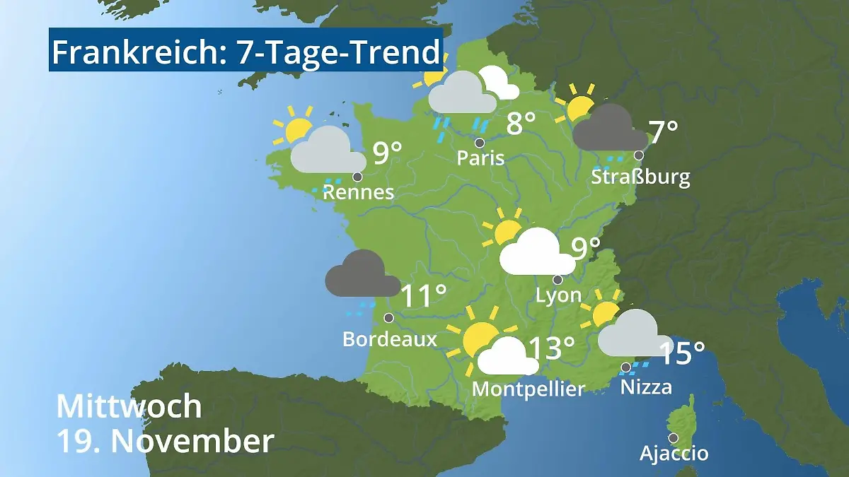 Frankreich: Wie wird das Wetter? Video 7-Tage-Trend: Paris, Straßburg, Nizza, Korsika