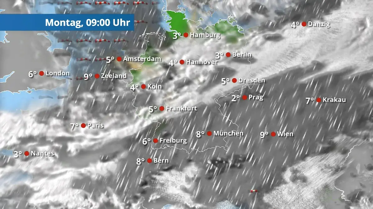 Immer wieder nass - hier mischen sich Flocken unter! Der Regen- und Wolkenfilm für 48 Stunden