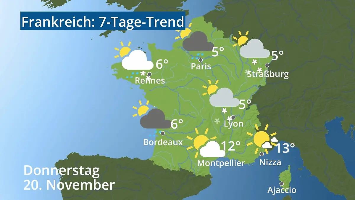 Frankreich: Wie wird das Wetter? Video 7-Tage-Trend: Paris, Straßburg, Nizza, Korsika